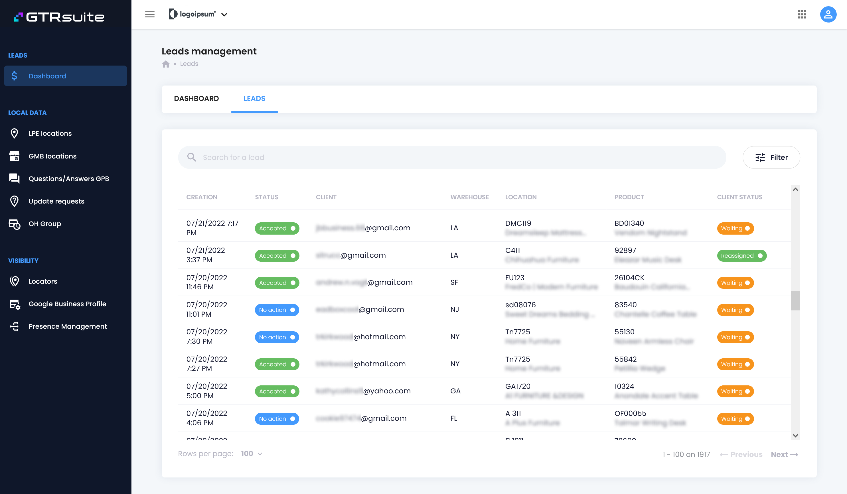 GTRsuite Lead Management Screenshot