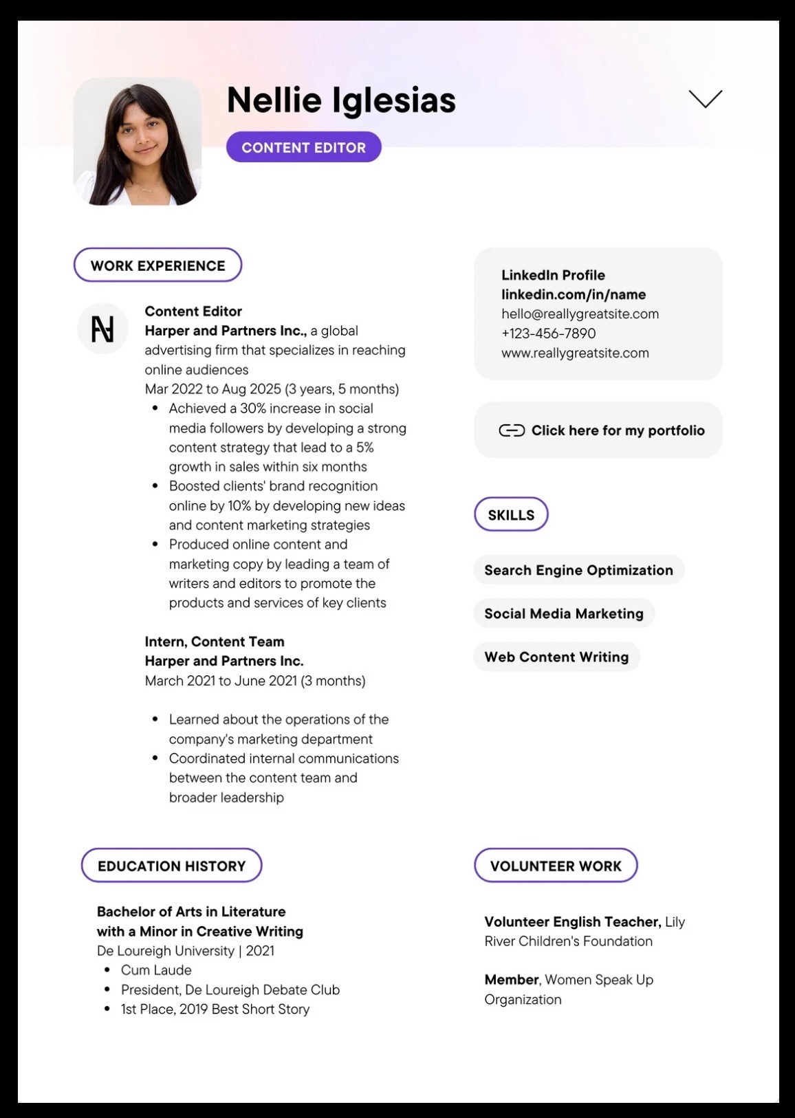 Canva Purple Grey Clean UI Copy Editor CV