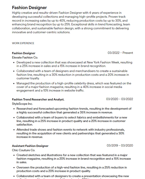 1 Fashion Designer Resume Examples - 643588b972ffee0f14c366fe Fashion%20Designer Resume Sample P 500 