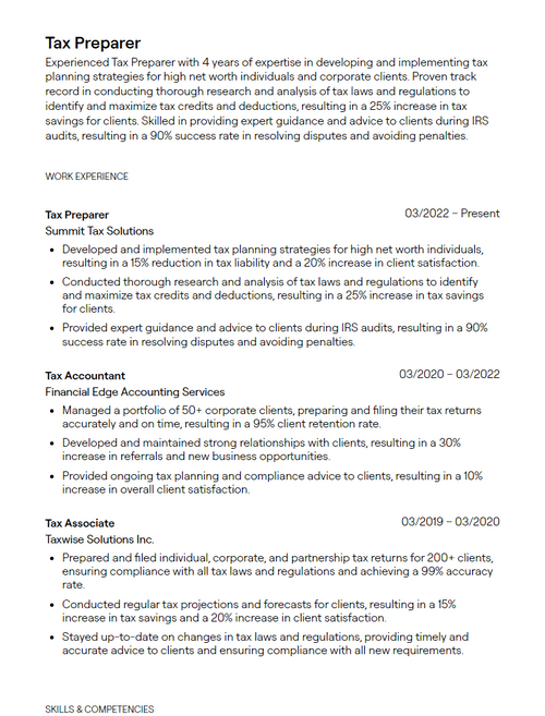 5 Tax Preparer Resume Examples - 646c21622798f968eba65fb4 Tax Preparer Resume Sample P 500 