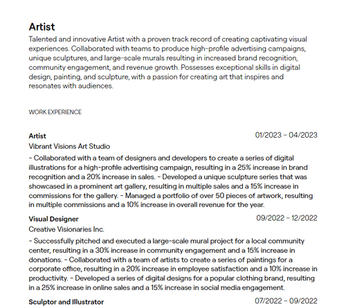 8 Artist Resume Examples with - 6484aa17a7baf73f86c67616 Artist Resume Sample P 500 