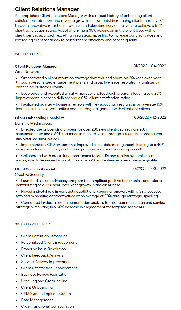 1 Client Relations Manager Resume - 657f5614e263ba32620376a2 Client Relations Manager Resume Sample