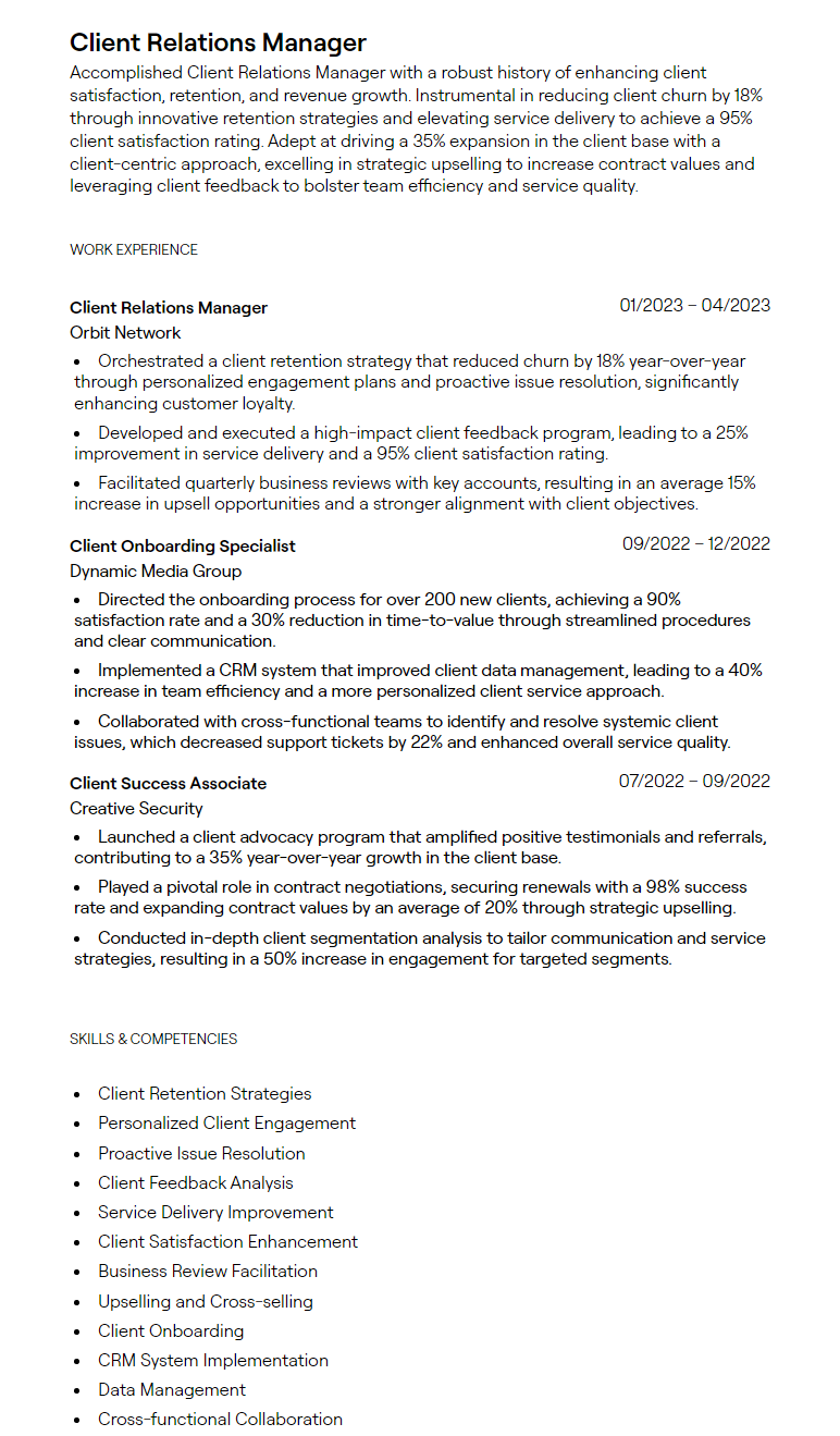 client relations manager resume