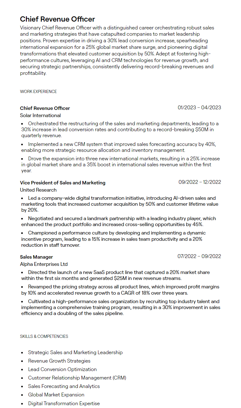 1 Chief Revenue Officer Resume - 657f5627dfea3dece0f3d3a2 Chief Revenue Officer Resume Sample 