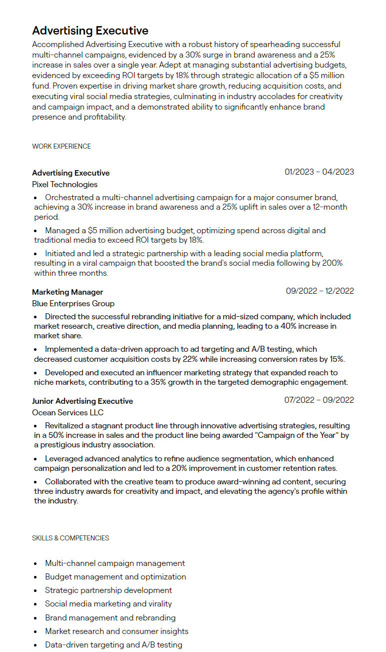 1 Advertising Executive Resume - 657f56c94d930f80c74ce1da Advertising Executive Resume Sample 