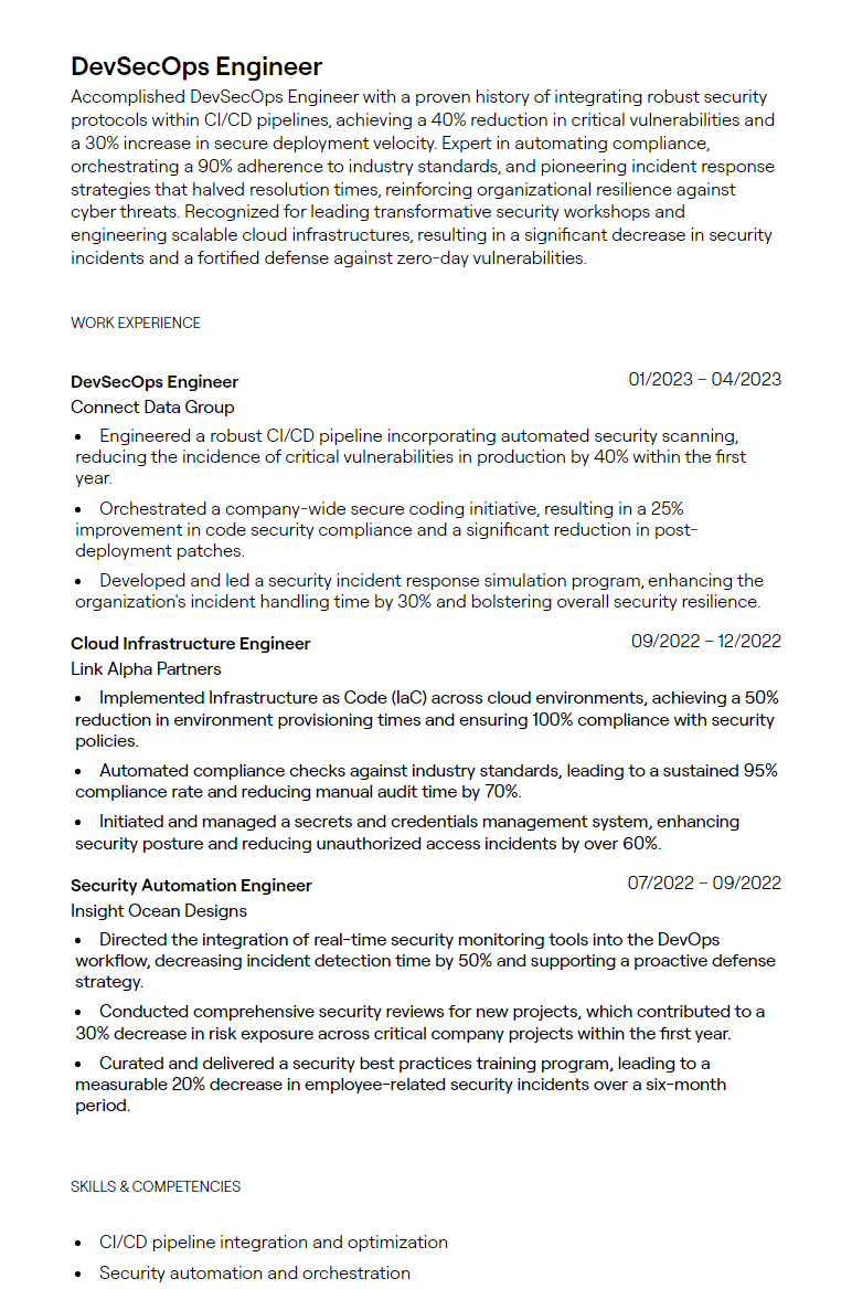 2+ DevSecOps Engineer Resume Examples [with Guidance]