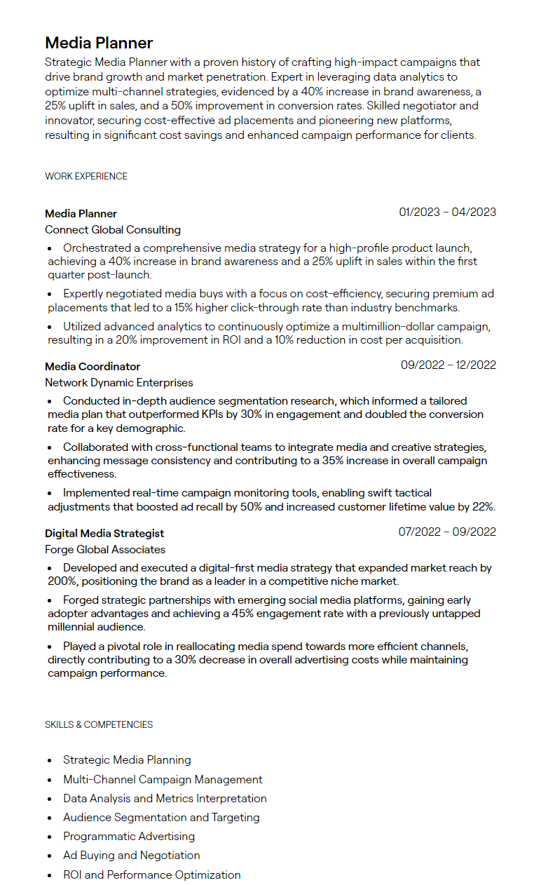 2 Media Planner Resume Examples - 65ea6b288adc73f80d6001da Media Planner Resume Sample 