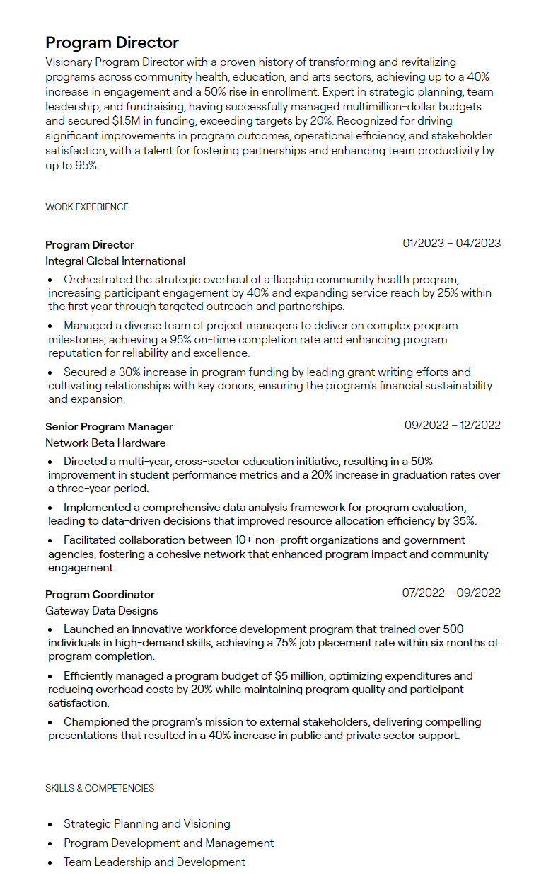 1 Program Director Resume Examples - 65ea6b6b621999b3ae34d3f1 Program Director Resume Sample 