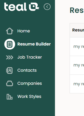 Teal resume builder