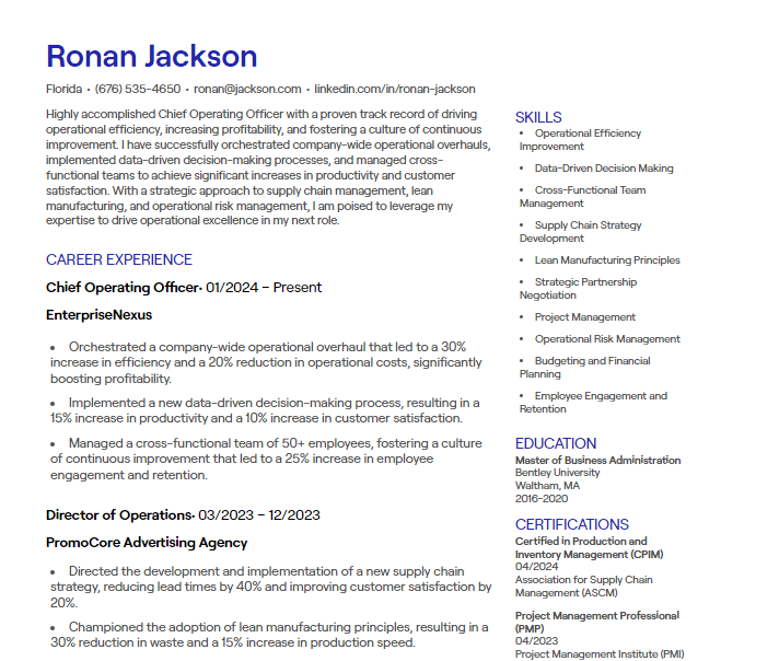 1 Chief Operating Officer CV Examples [+ Free Templates]