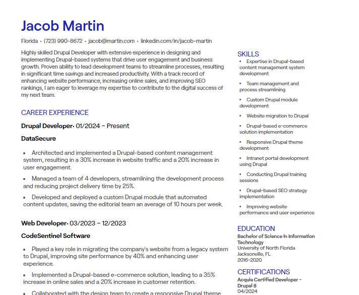 1 Drupal Developer CV Examples [+ Free Templates]