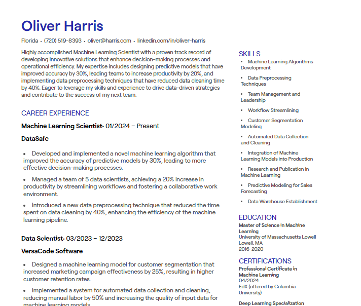 1 Machine Learning Scientist CV Examples [+ Free Templates]