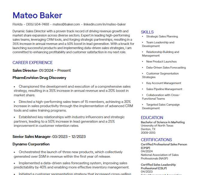 resume examples for sales manager