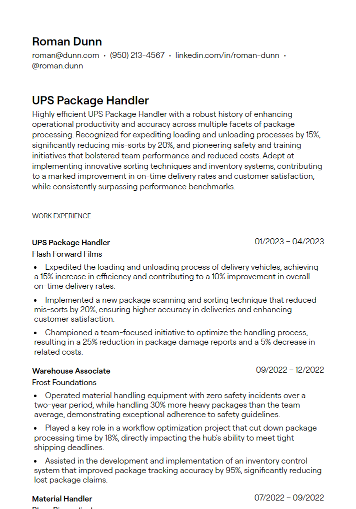 1 UPS Package Handler Resume Examples - 6627d04c29df97a081e6202e Ups Package Handler Resume Example