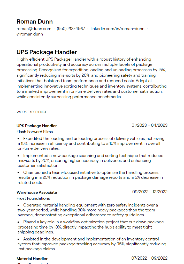 ups package handler resume