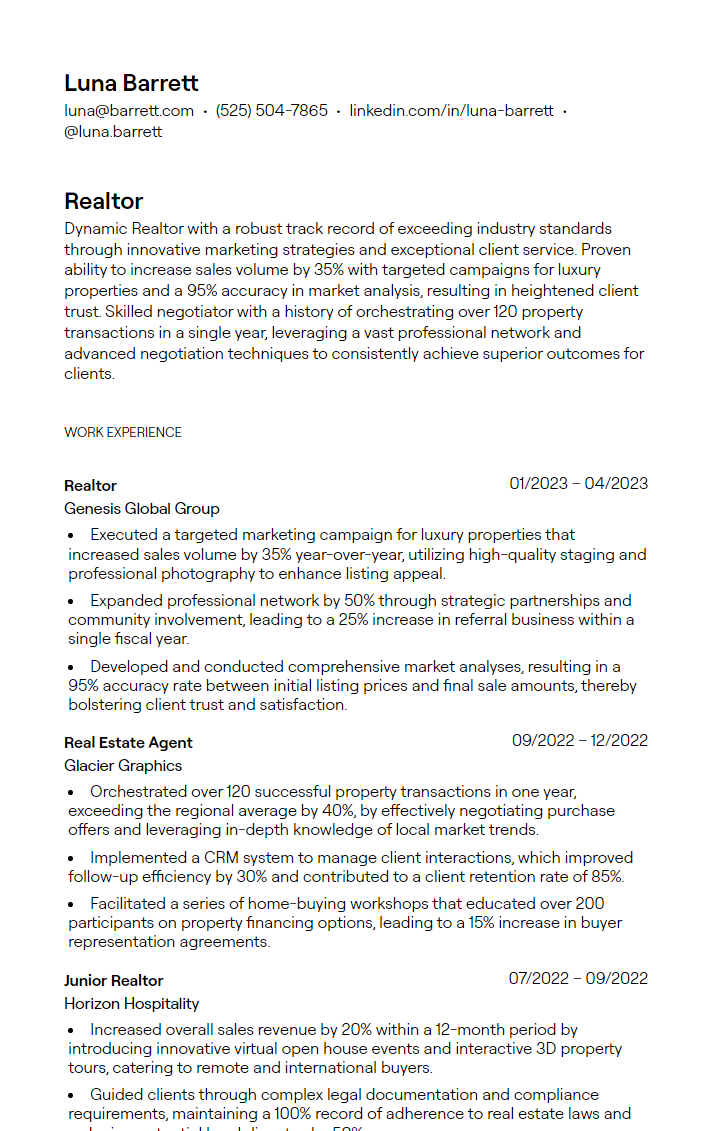 3 Realtor Resume Examples with - 6627d0e37eeb0afc05d41624 Realtor Resume Example 