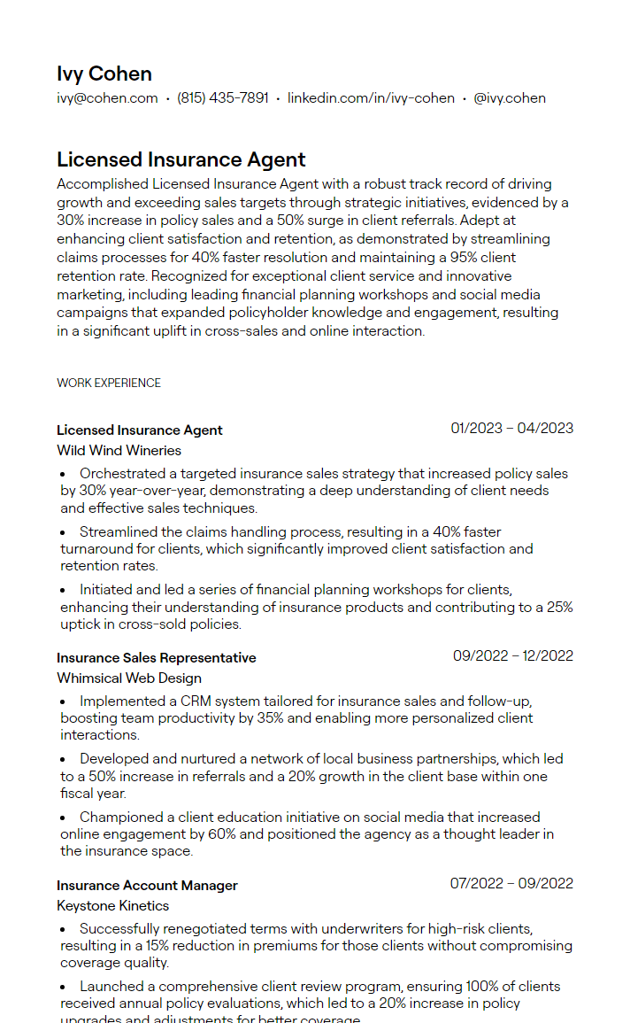 1 Licensed Insurance Agent Resume - 6627d1321554f0881a266255 Licensed Insurance Agent Resume Example 