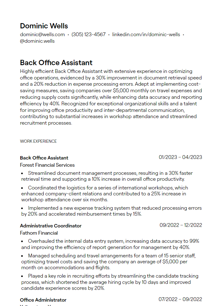 2 Back Office Assistant Resume - 6627d28de0ae2d9fe4467d73 Back Office Assistant Resume Example