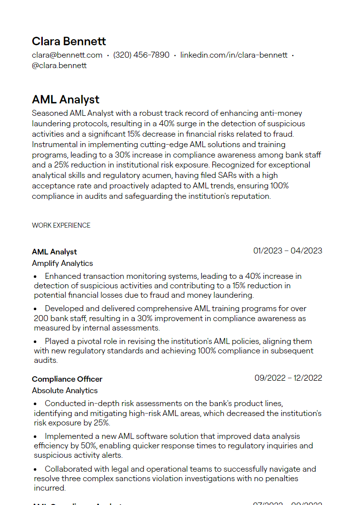 aml analyst resume