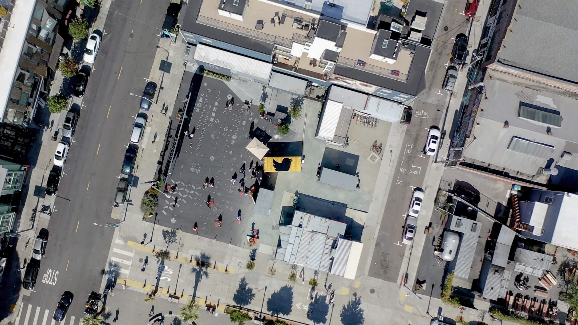 The Twitter logo on the roof of the Portal in San Francisco during the global #tweetups activation.