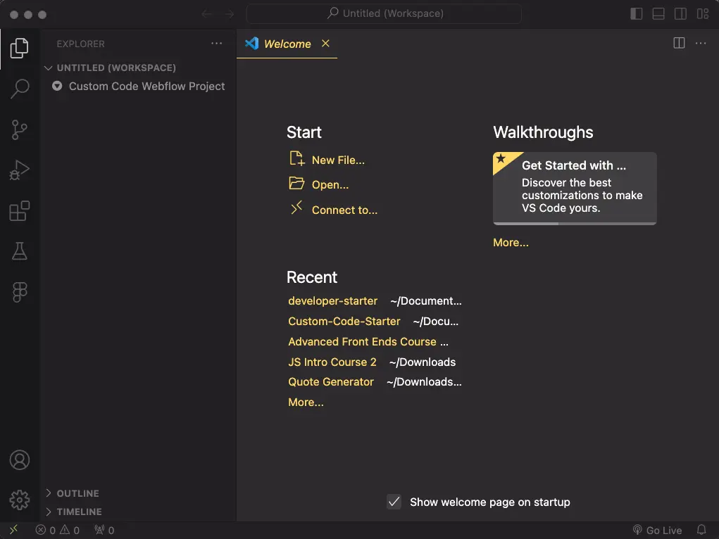 vscode workspace folder created for custom code webflow project