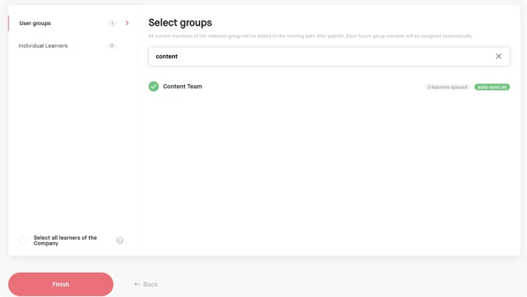 Screenshot: select learning groups