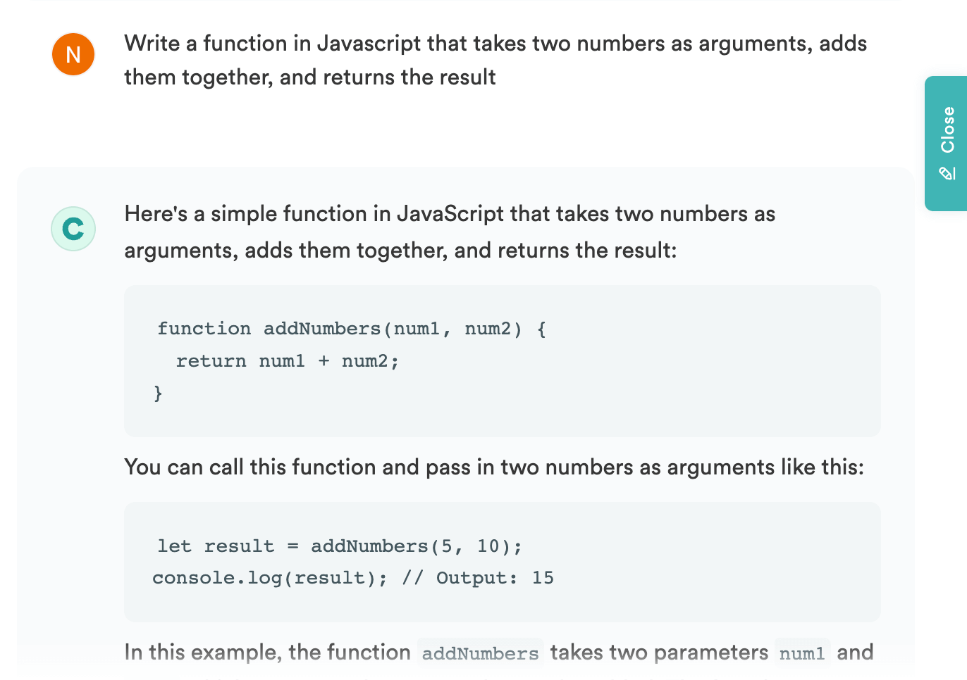 writing a function that takes two numbers as arguments and adds them together with copy.ai