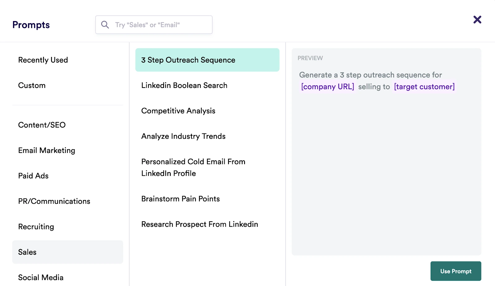 prompt for 3-step outreach sequence in Copy.ai