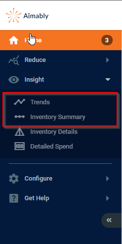 Screenshot of Aimably navigation. Menu items read: Home, Reduce, Insight, Configure and Get Help. Insight has been opened to reveal options: Trends, Inventory Summary, Inventory Details and Detailed Spend. The Trends and Inventory Summary items are highlighted with a red box.