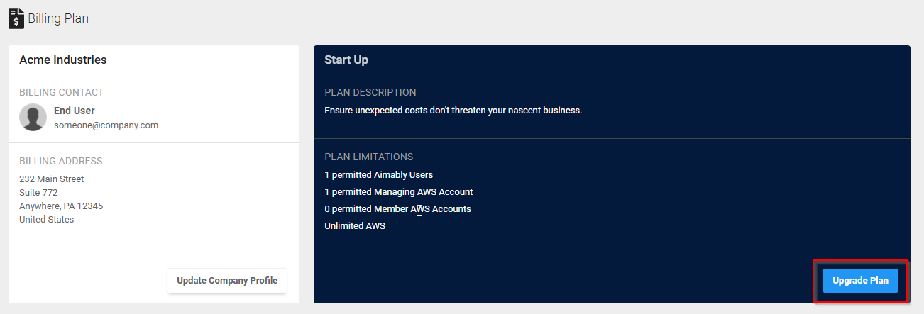 Screenshot of the Billing Plan page, which includes company billing information and current plan data. There is a blue button labeled Upgrade Plan which is outlined in a red box.