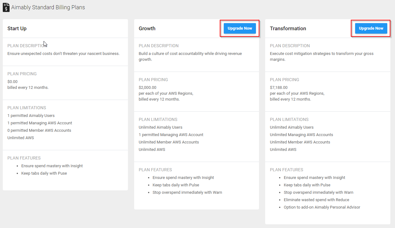 Screenshot of billing plan options including their descriptions, pricing, limitations and features. At the top of two of the plans are buttons labeled Upgrade Now, which are both outlined in a red box.