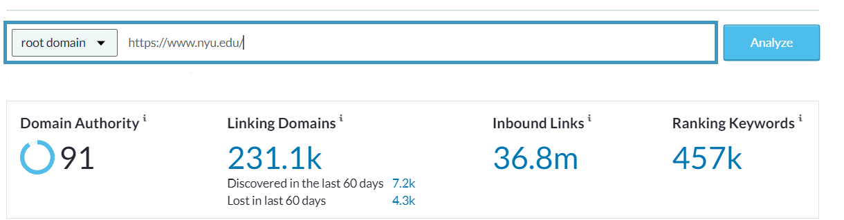 Report on NYU's domain authority (91), linking domains (231.1k), inbound links (36.8m) and ranking keywords (457k)