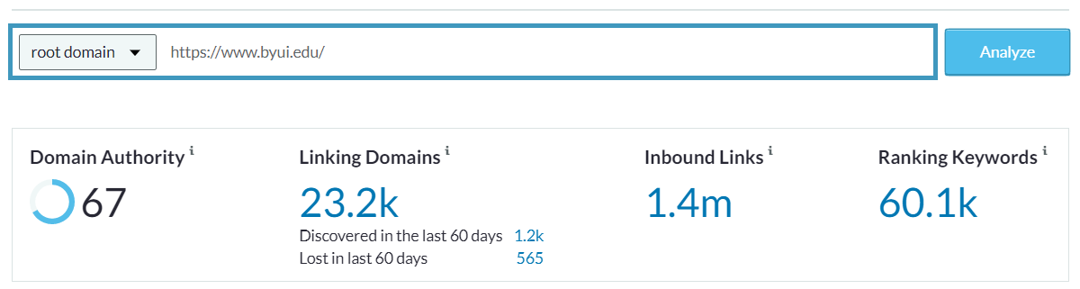 Report on BYUI's domain authority (67), linking domains (23.2k), inbound links (1.4m) and ranking keywords (60.1k) 