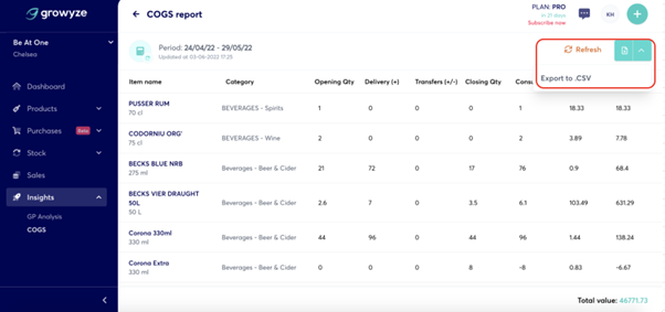 export the COGS report as a CSV file