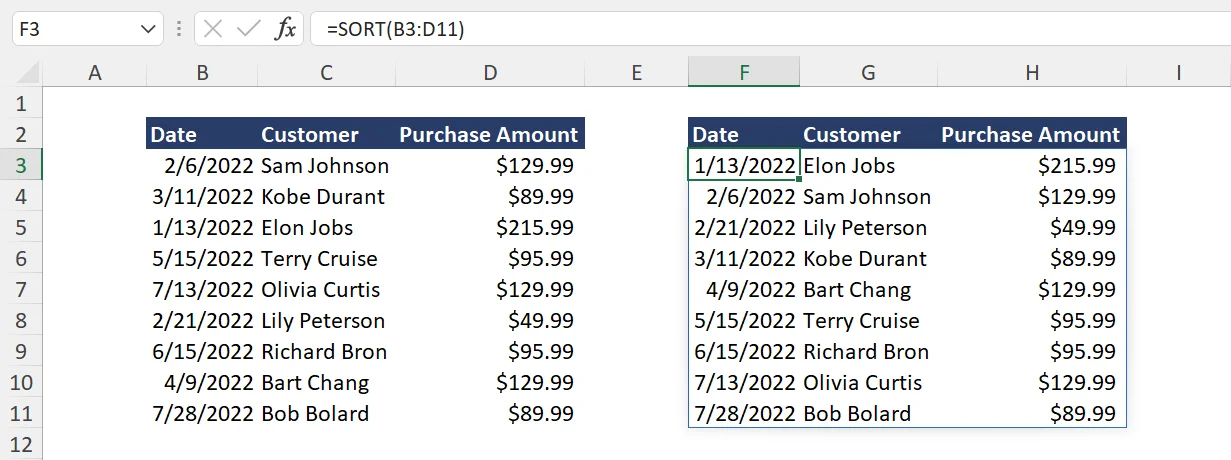 Excel Simple Sort Example