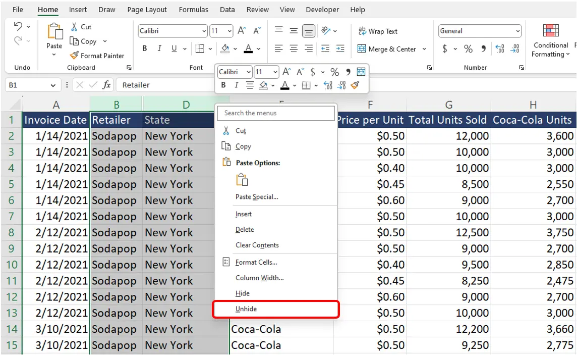 Excel unhide columns example