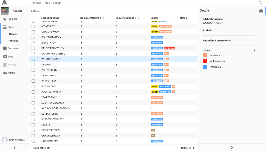 Sequence repository on PipeBio showing antibody CDR-H3 sequences and labels