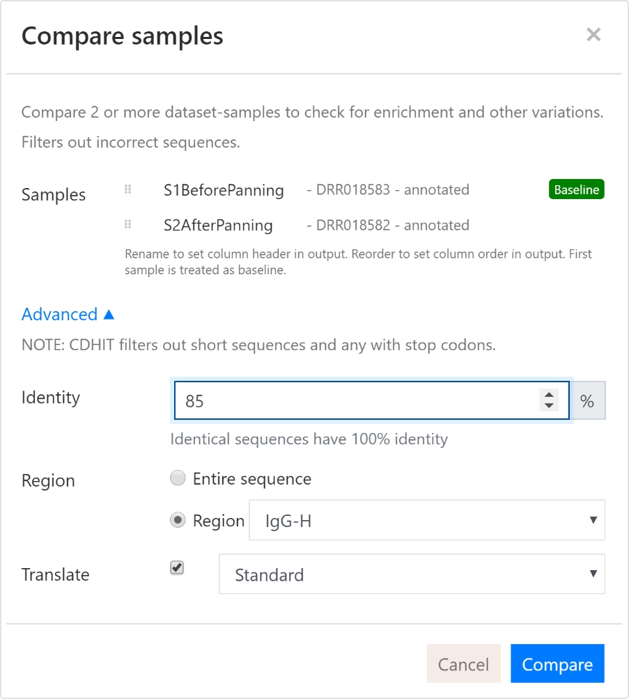 Screenshot of dialog on PipeBio for comparing sequence samples