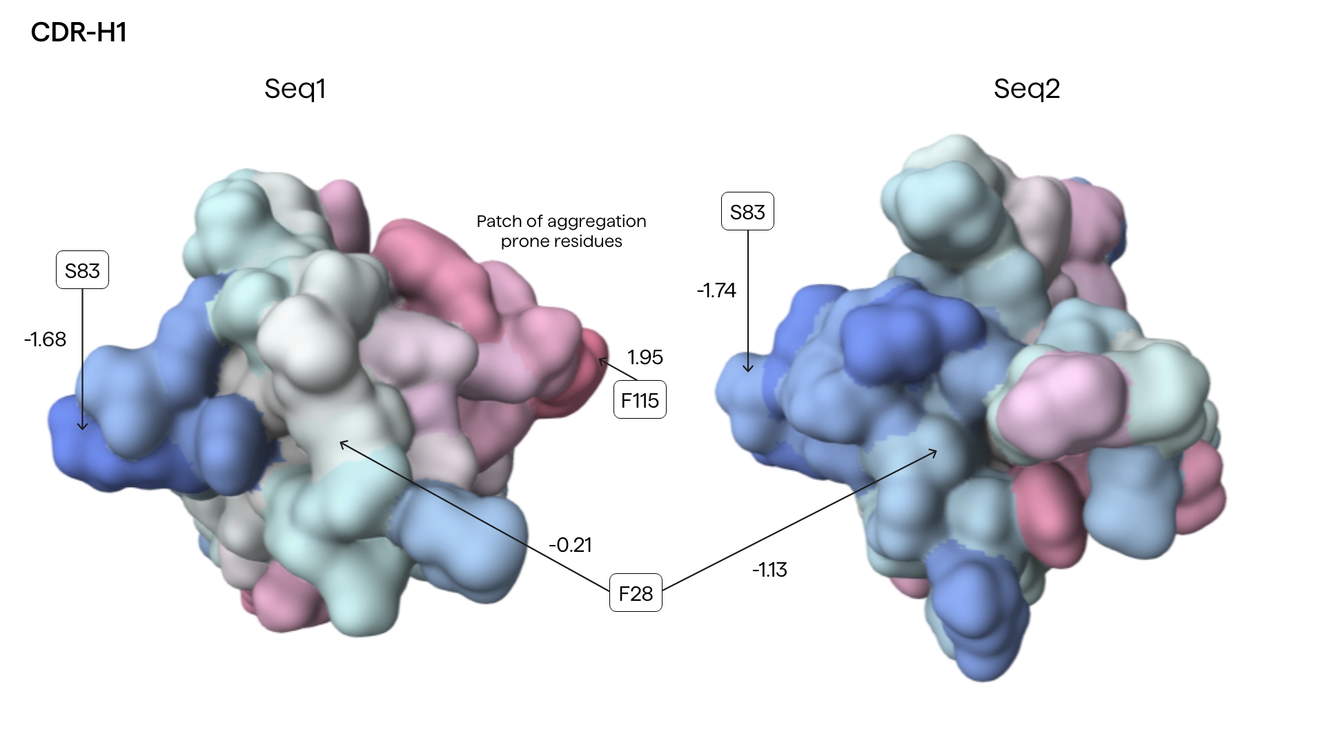 Three-dimensional 3d image of tertiary structure showing antibody aggregation prone and aggregation resistant regions mapped on CDR-H1 of nanobody sequences.