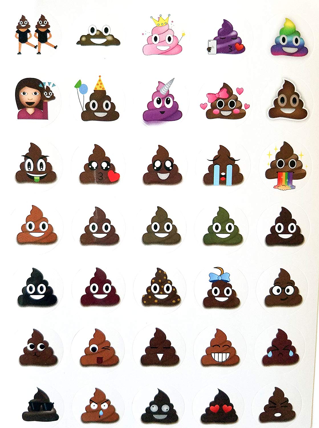 A page of poop emoji stickers including princess poop, birthday poop, and love heart poop
