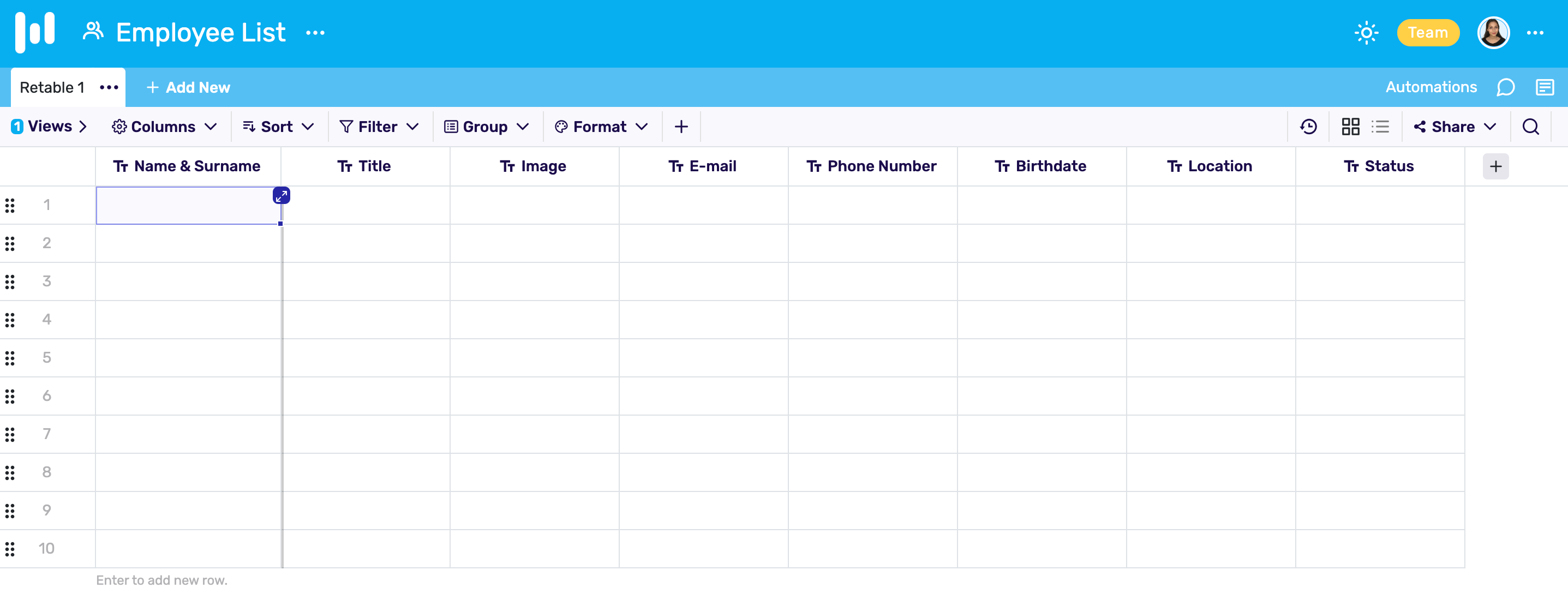 Creating a New Spreadsheet