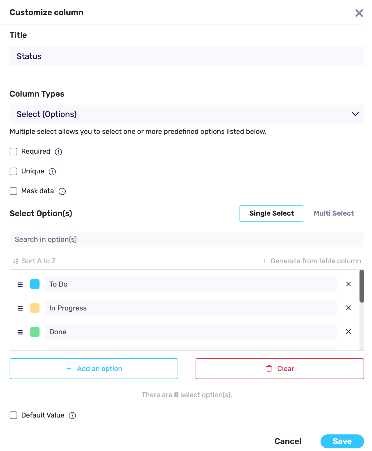 create options in spreadsheets