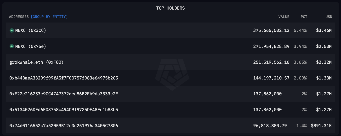 GROK token page on Arkham showing the largest GROK holders.