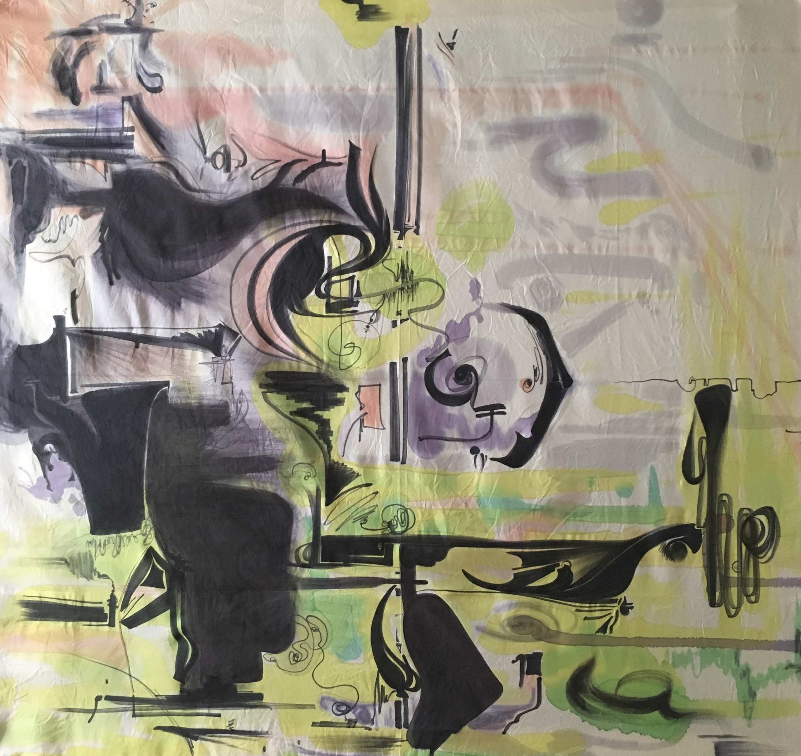 Arielle, Three Ships..., 2018. Ink and dyes on silk, 30x30 in.
