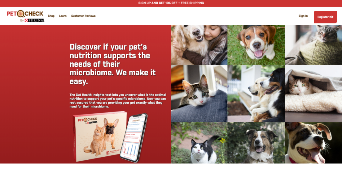 The PetQCheck homepage website- featuring a cat and dog images