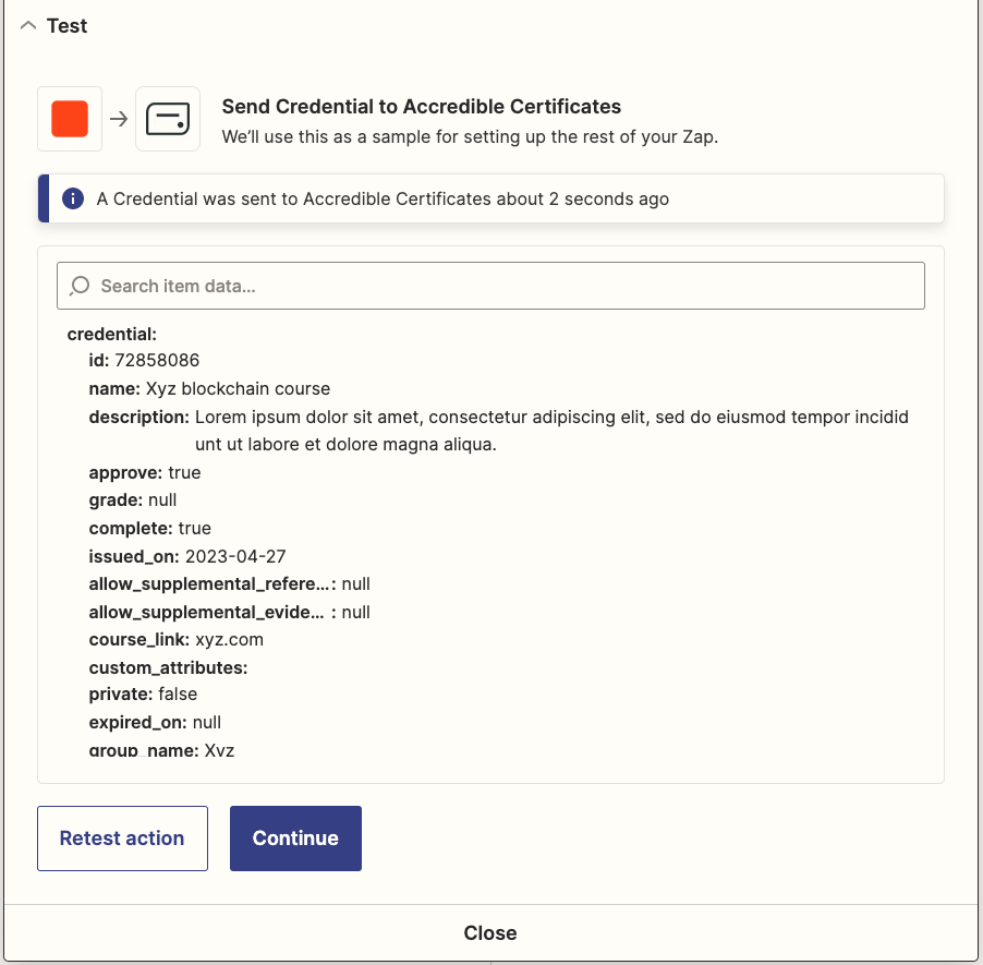 Send credential to accredible certificates