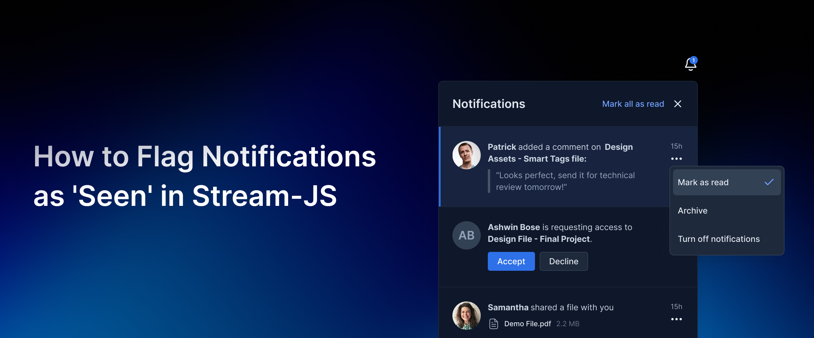 Mark notifications as 'seen' without reading them in the in-app inbox notification feed in Stream.js. Follow these codes to mark your push notifications as seen when the users see them out of app inboxes. 