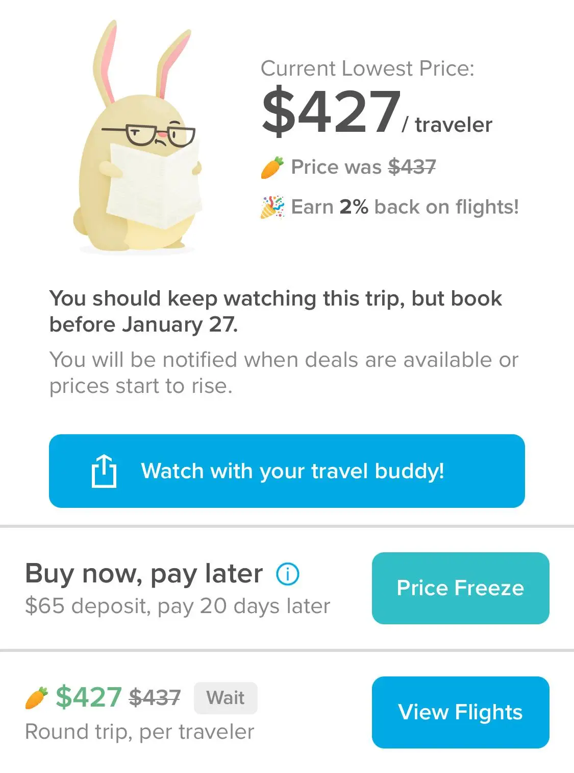 hopper flight results with price analysis.