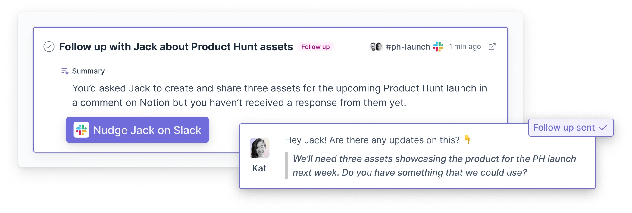 Asset showing a conversation in the Spoke outbox with the suggestion to nudge a team member, an AI generated summary and an AI generated follow up