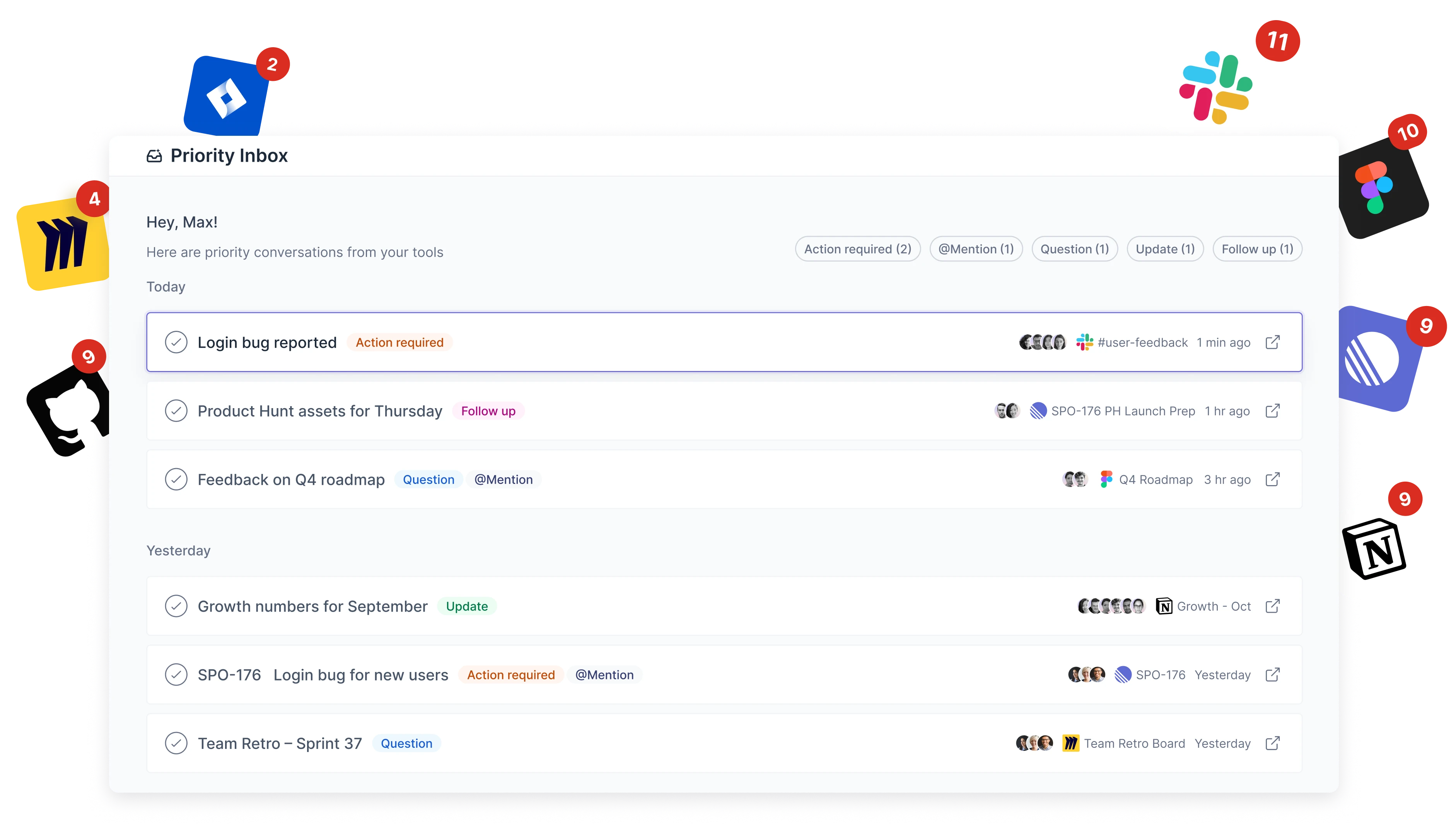 Asset showcasing the Spoke Priority Inbox with unresolved conversations across different labels, such as "Action required" or "Follow up"